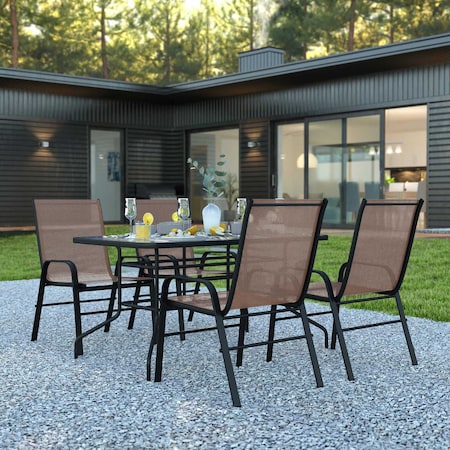 Flash Furniture 5PC Patio Set-55" Glass Table, 4 Brown Chairs TLH-089REC-303CBN4-GG